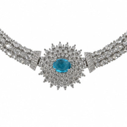 AAA American Diamond Filigree Lace Jaal Necklace Set | Rhodium Plated Brass CZ Bridal Jewellery Set | Statement AD Necklace with Earrings