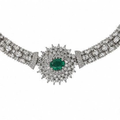 AAA American Diamond Filigree Lace Jaal Necklace Set | Rhodium Plated Brass CZ Bridal Jewellery Set | Statement AD Necklace with Earrings