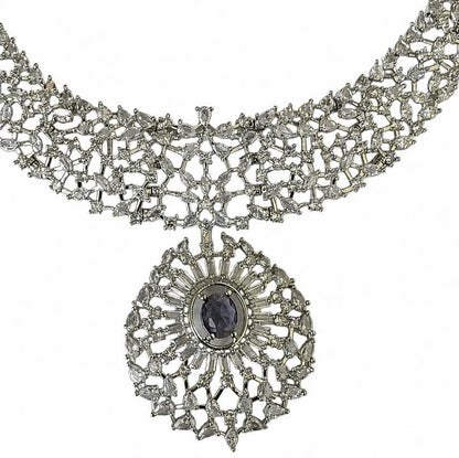 AAA American Diamond Classic CZ Cluster Choker Necklace Set | Rhodium Plated Brass Bridal Jewellery Set | AD Necklace with Earrings