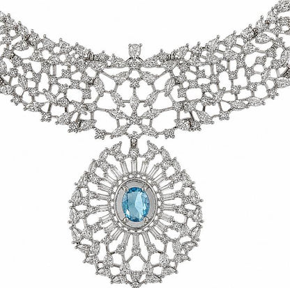 AAA American Diamond Classic CZ Cluster Choker Necklace Set | Rhodium Plated Brass Bridal Jewellery Set | AD Necklace with Earrings