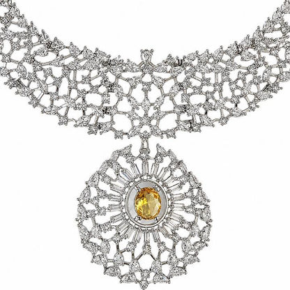 AAA American Diamond Classic CZ Cluster Choker Necklace Set | Rhodium Plated Brass Bridal Jewellery Set | AD Necklace with Earrings