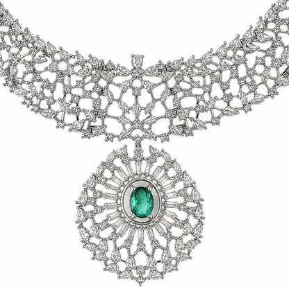 AAA American Diamond Classic CZ Cluster Choker Necklace Set | Rhodium Plated Brass Bridal Jewellery Set | AD Necklace with Earrings