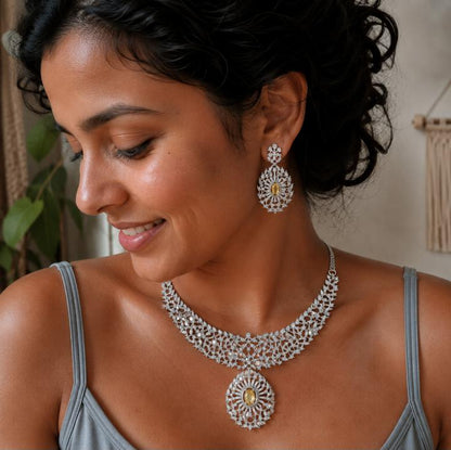 AAA American Diamond Classic CZ Cluster Choker Necklace Set | Rhodium Plated Brass Bridal Jewellery Set | AD Necklace with Earrings