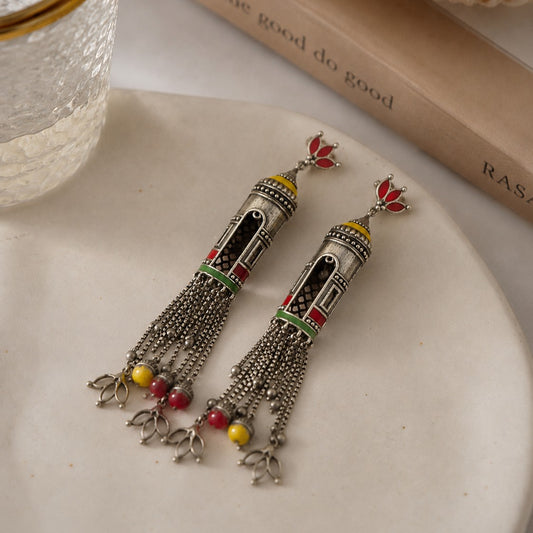 Enamel Cylinder Tassel Long Dangler Earrings | Oxidised Silver Plated Brass Meenakari Earrings | Tribal Boho Statement Earrings