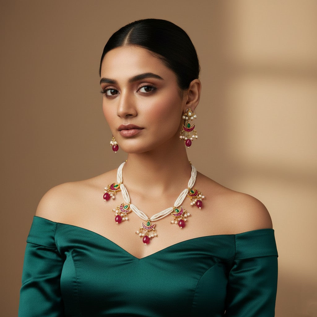 Meenakari Crescent Pearl Necklace Set