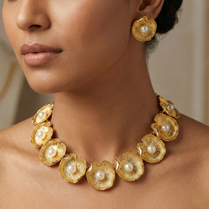 Golden Flora Pearl Statement Necklace