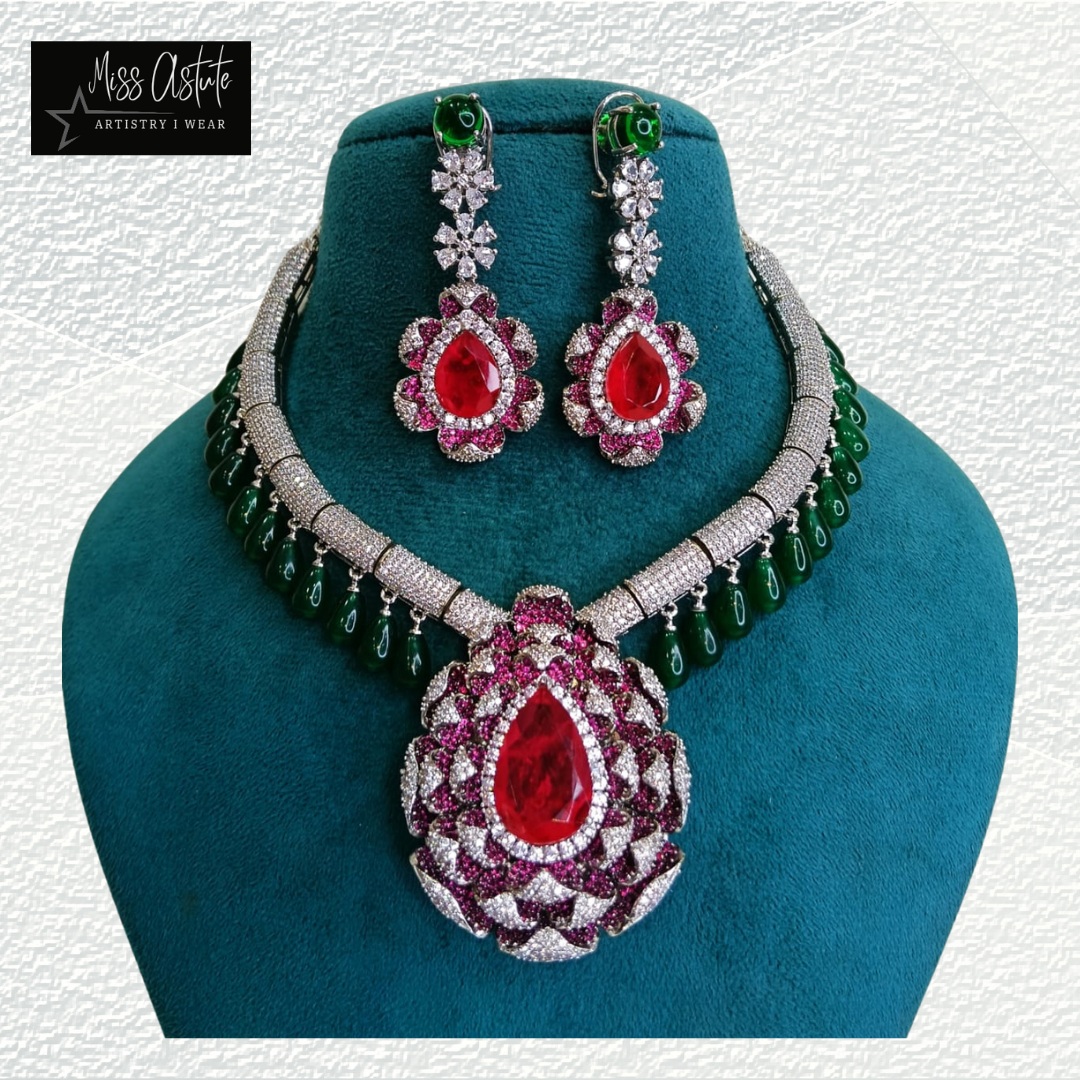 Ruby and Green Beaded Necklace Set with Matching Earrings