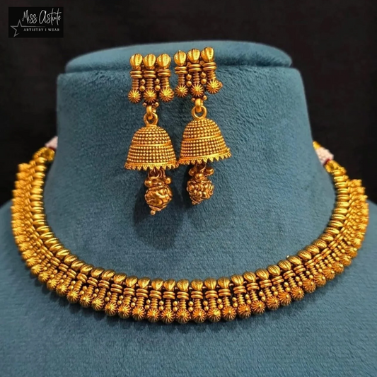 Classic Gold-Plated Necklace Set with Intricate Jhumka Earrings