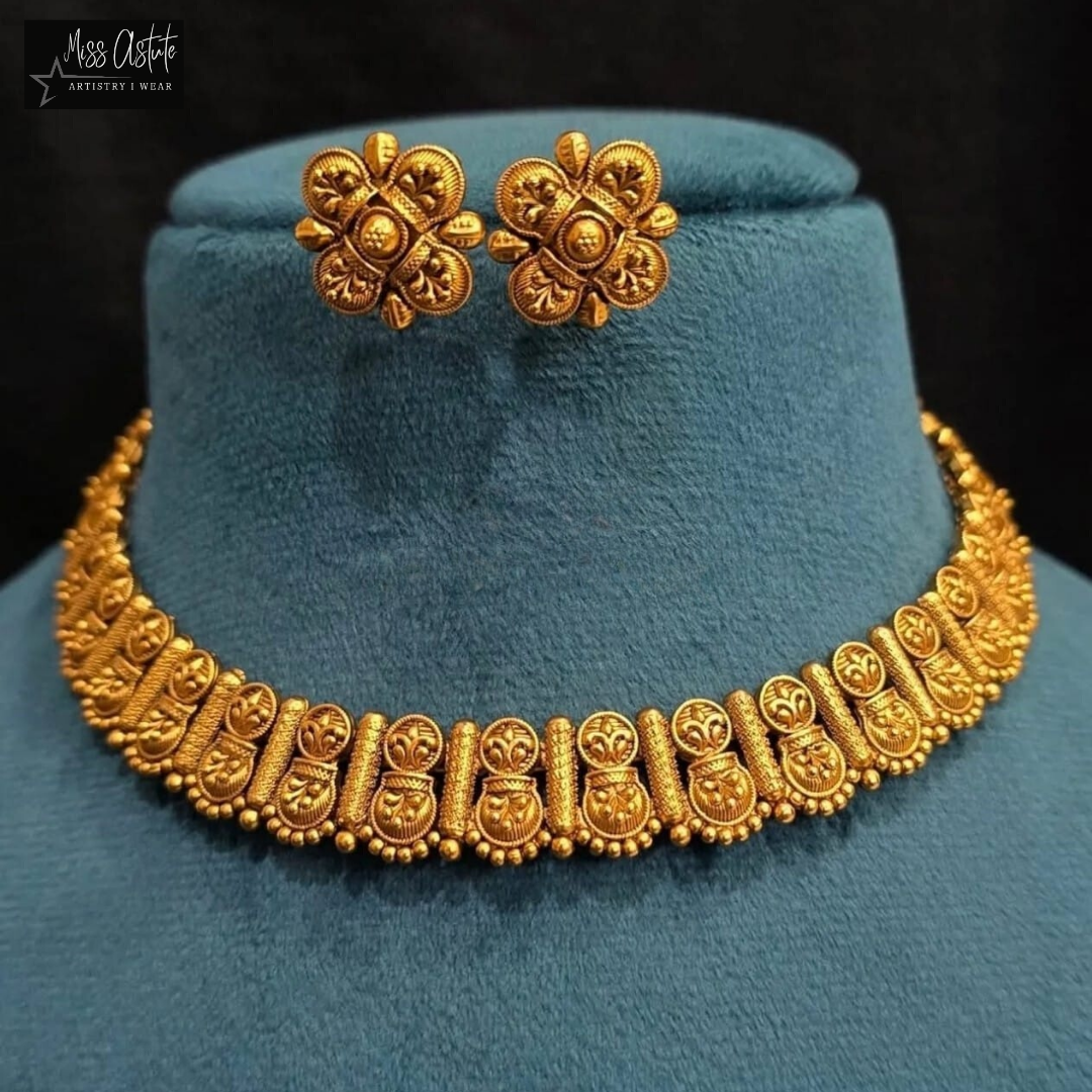 Minimalist Antique Gold Plated Necklace Set with Floral Stud Earrings