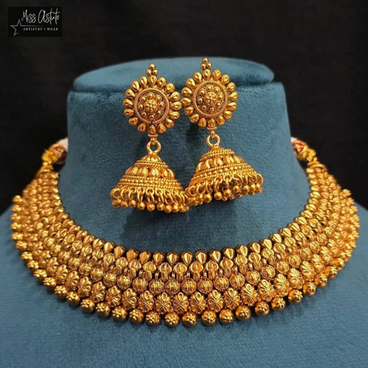 Traditional Beaded Gold Plated Necklace Set with Dome Jhumkas