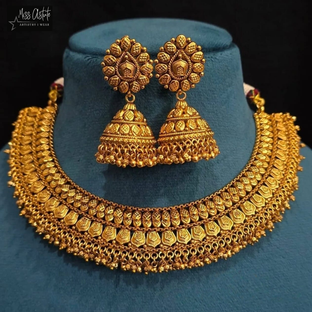 Exquisite Gold-Plated Choker Necklace Set with Floral Motifs and Jhumka Earrings