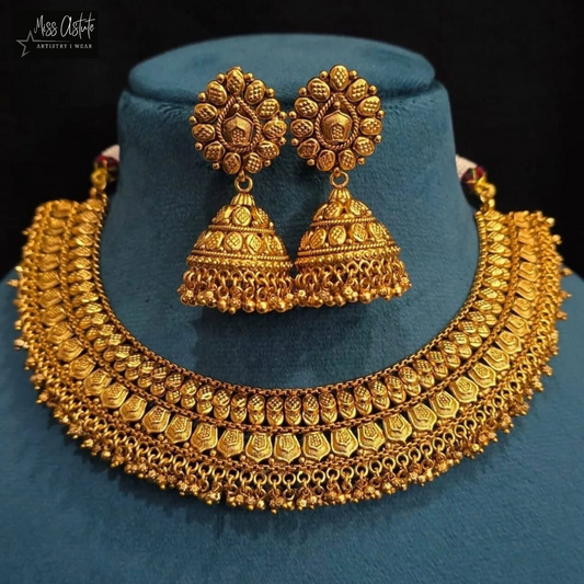 Exquisite Gold-Plated Choker Necklace Set with Floral Motifs and Jhumka Earrings