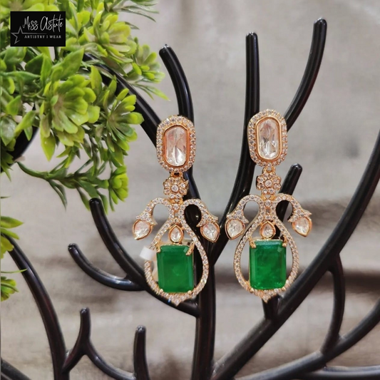 Regal Green and Polki Studded Dangler Earrings