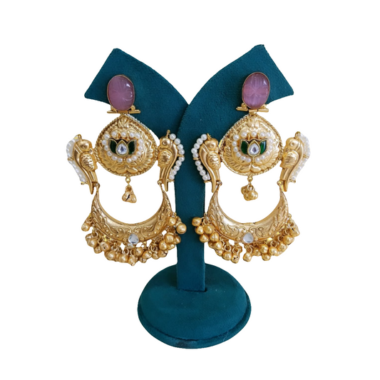 Ornate Gold-Toned Chandbali Earrings with Lotus Motif and Pearl Accents