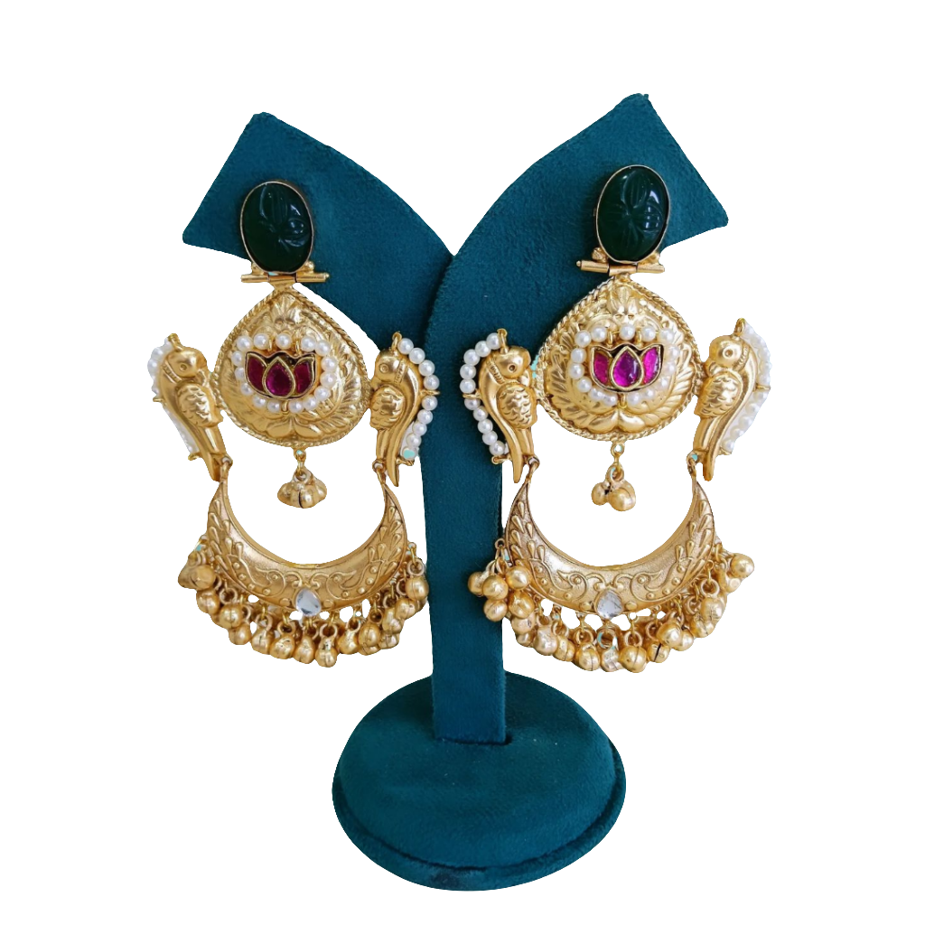 Ornate Gold-Toned Chandbali Earrings with Lotus Motif and Pearl Accents