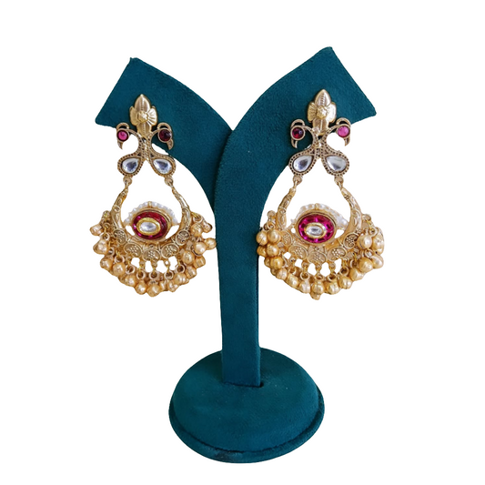 Elegant Gold Finish Chandbali Earrings with Ruby and Pearl Accents