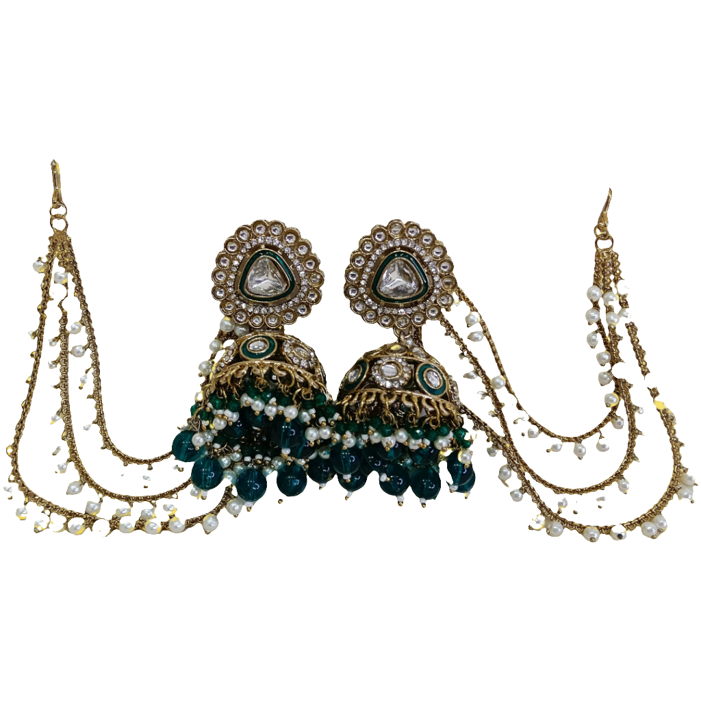 Traditional Polki Jhumka Earrings with Pearl Chains