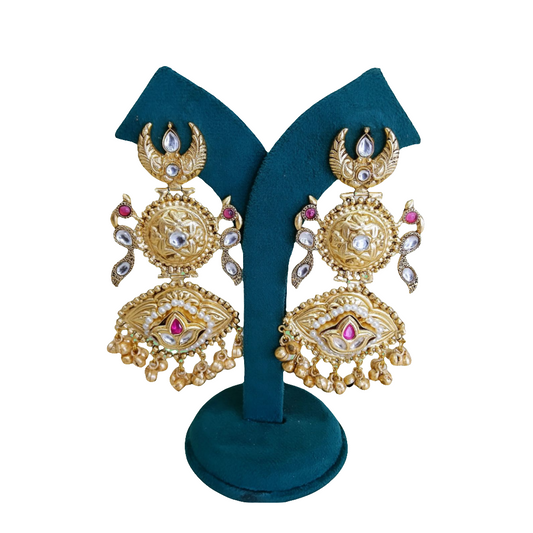 Majestic Gold-Toned Statement Earrings with Ruby and Mirror Accents