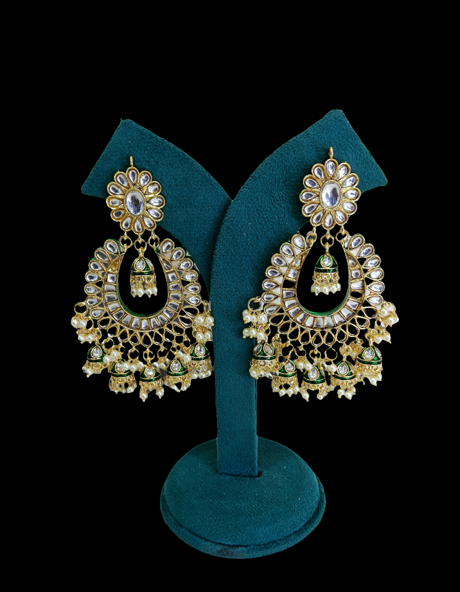 Traditional Green & Gold Kundan Chandbali Earrings with Pearls