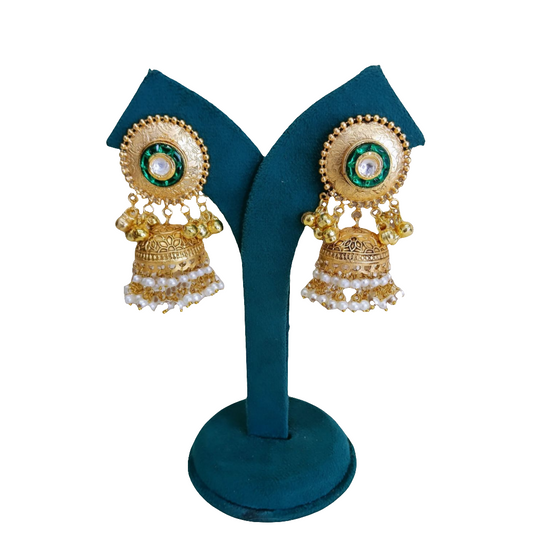 Traditional Gold-Finish Jhumka Earrings with Green and Pearl Detailing