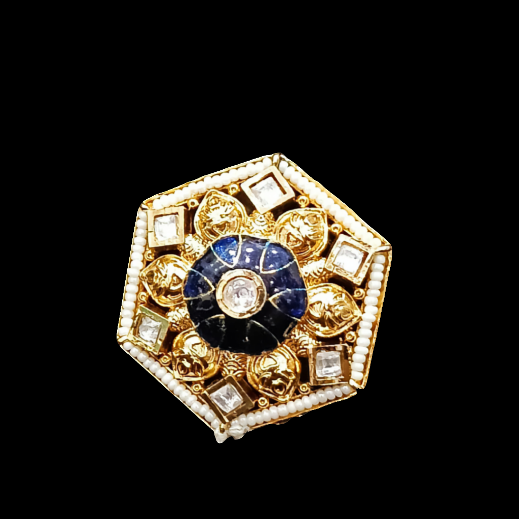 Hexagonal Gold-Toned Ring with Colored Enamel and Stones