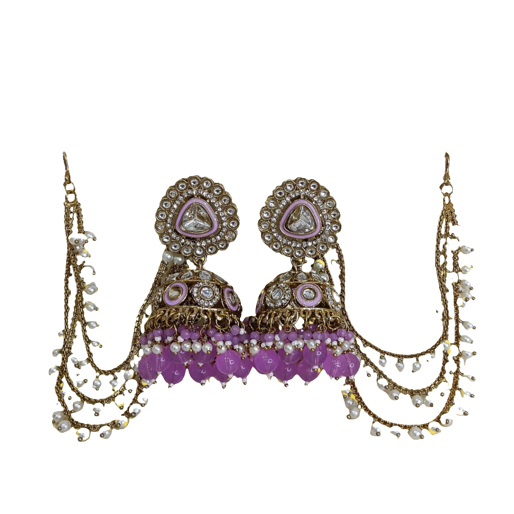 Traditional Polki Jhumka Earrings with Pearl Chains