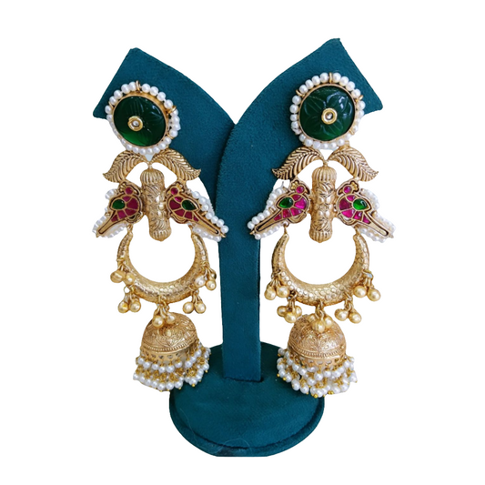 Traditional Peacock Motif Gold Finish Earrings with Green and Pearl Accents