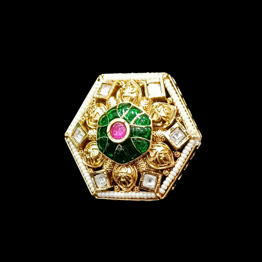 Hexagonal Gold-Toned Ring with Colored Enamel and Stones