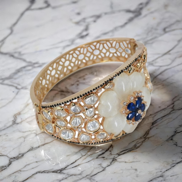 Gold-Plated Floral design Broad Bracelet with Mother-of-Pearl