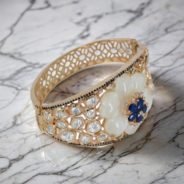 Gold-Plated Floral design Broad Bracelet with Mother-of-Pearl