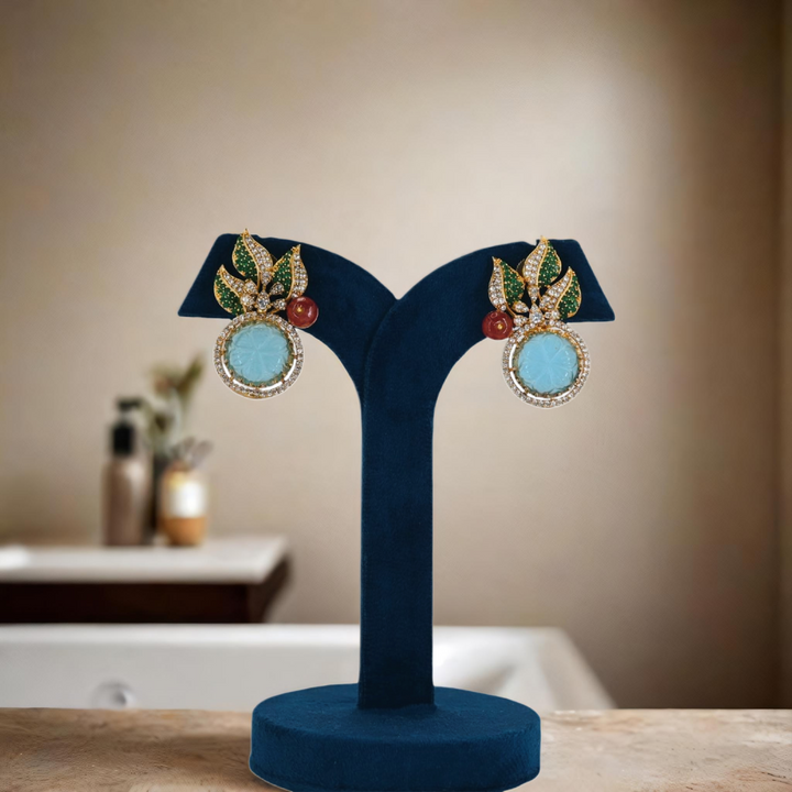 Aqua-Blue Drop Earrings with Enamel Leaf Detailing