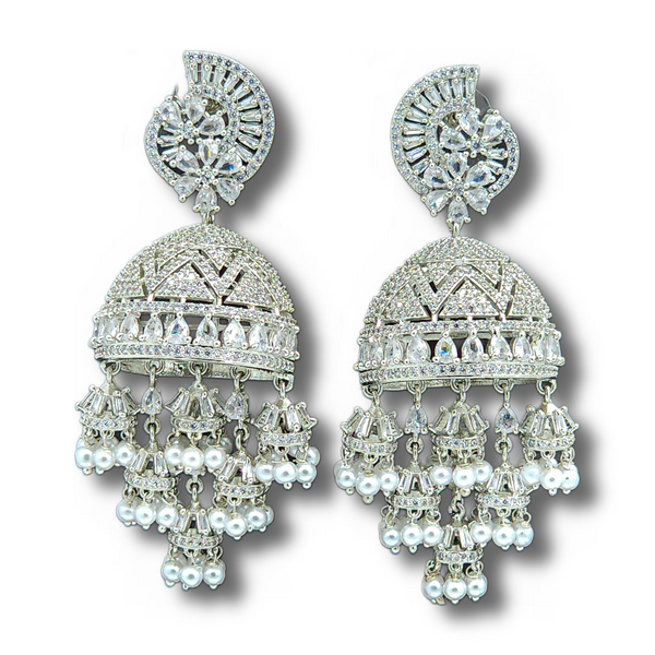 American Diamond Jhumka Earrings with Rhodium Plating