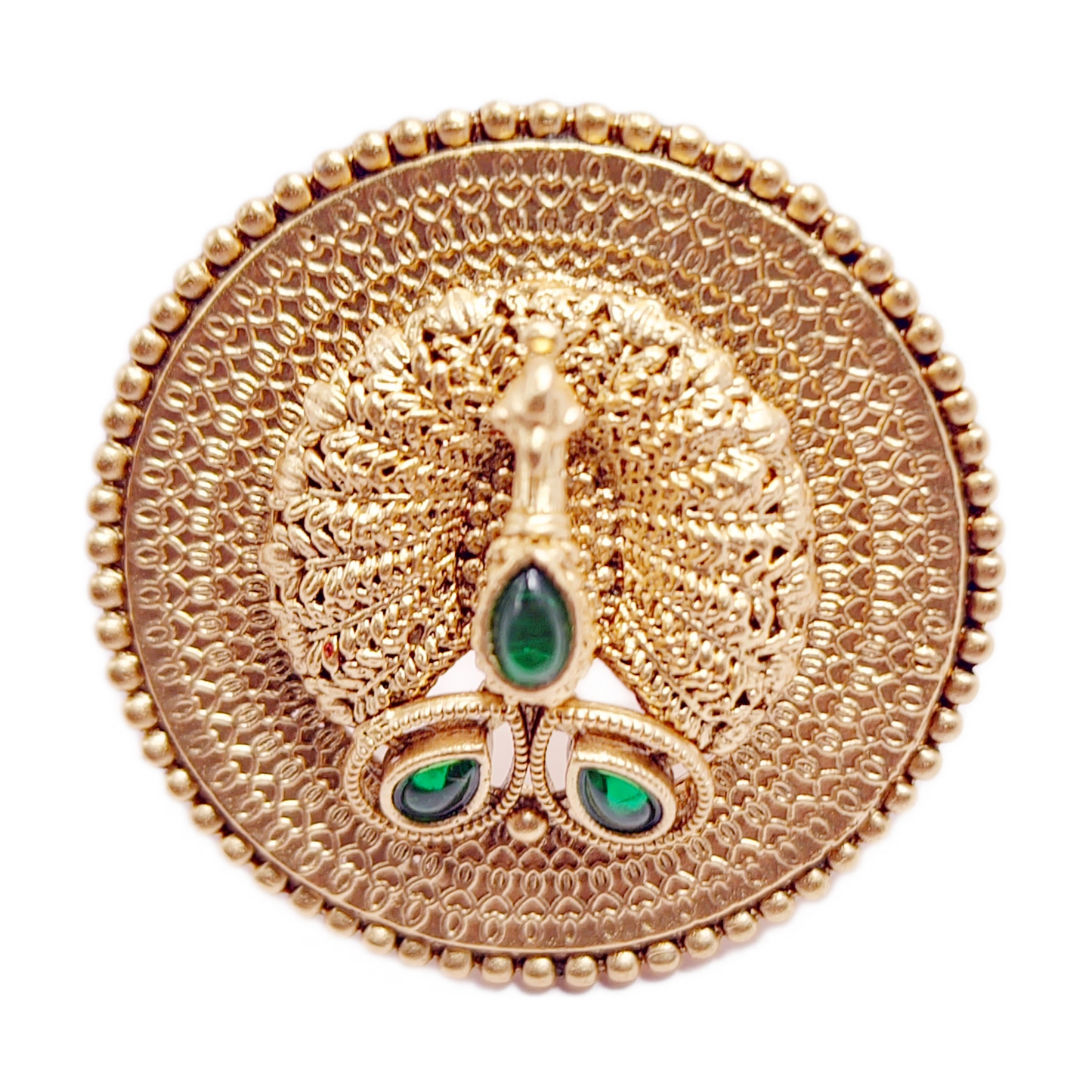 Gold-Plated Peacock Feather Finger Ring with Green Glass Stones