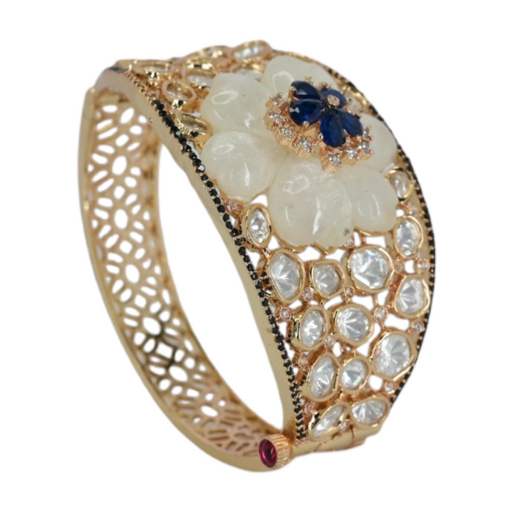 Gold-Plated Floral design Broad Bracelet with Mother-of-Pearl