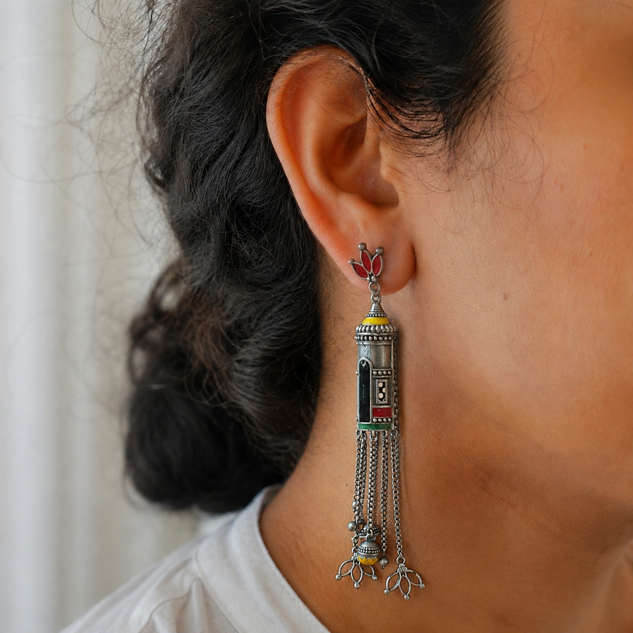 Enamel Cylinder Tassel Long Dangler Earrings | Oxidised Silver Plated Brass Meenakari Earrings | Tribal Boho Statement Earrings
