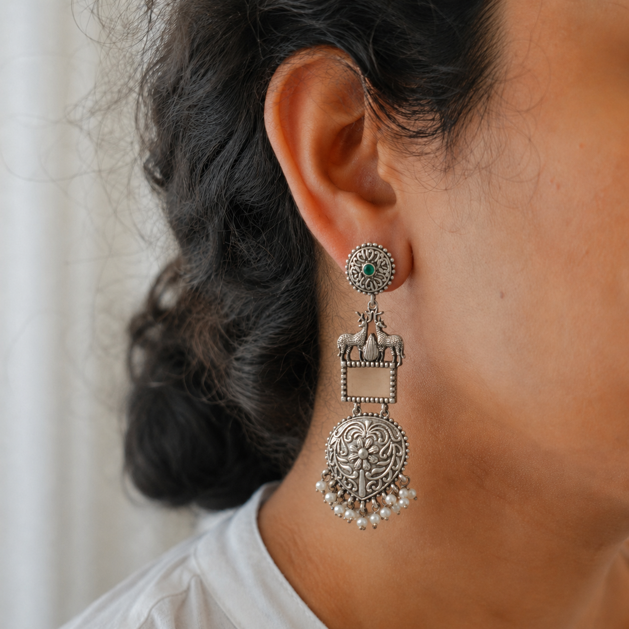 Deer Motif Stone Jhumka Long Dangler Earrings | Oxidised Silver Plated Brass Ethnic Earrings | Temple Folk Jewellery for Women
