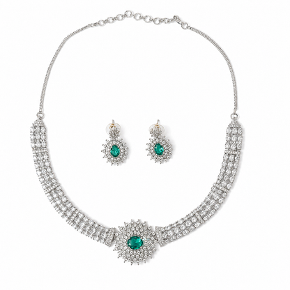 AAA American Diamond Filigree Lace Jaal Necklace Set | Rhodium Plated Brass CZ Bridal Jewellery Set | Statement AD Necklace with Earrings