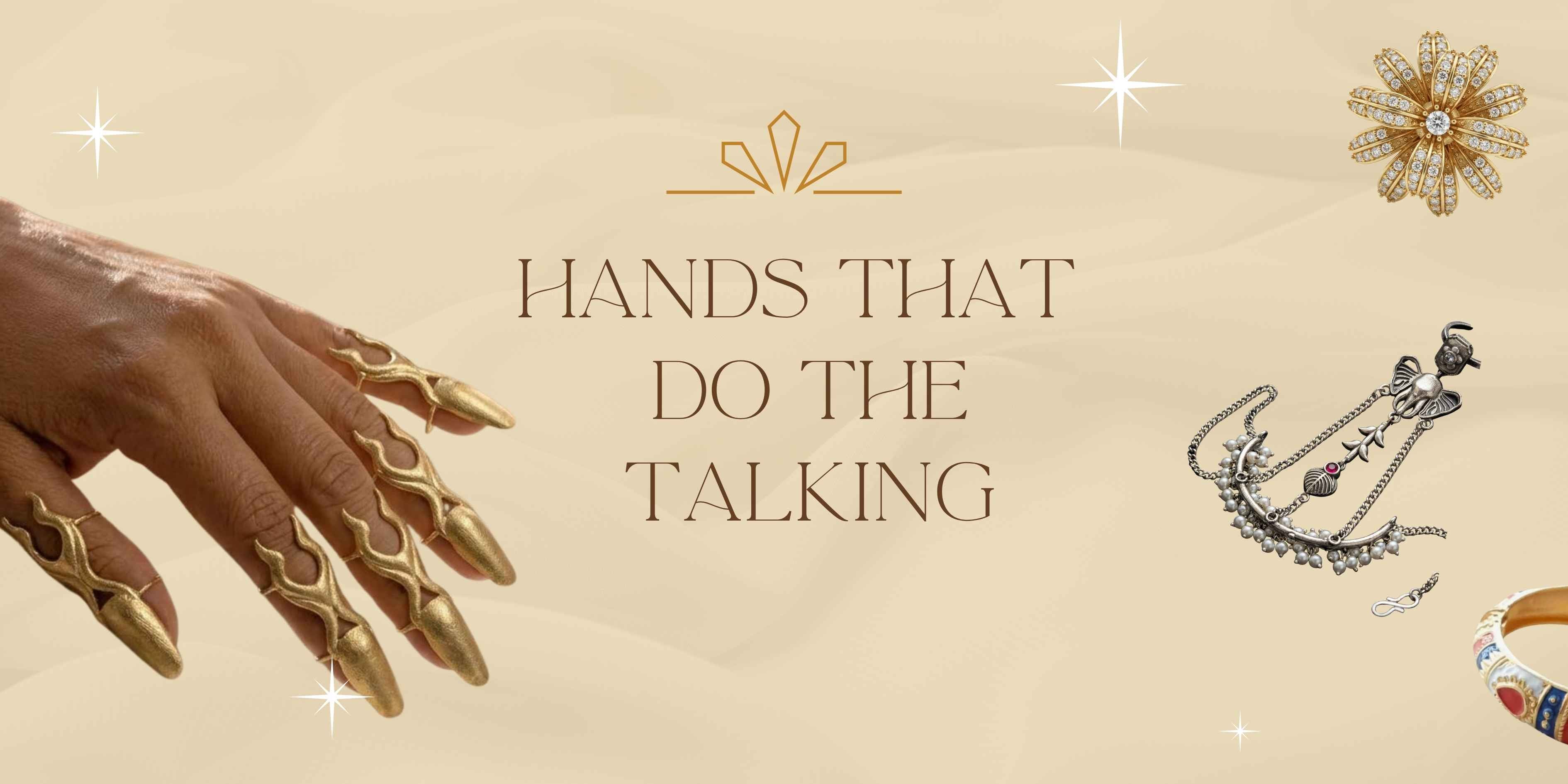 Promotional banner with gold jewelry and text 'Hands That Do The Talking' on a beige background.slider_item_LbCeM8