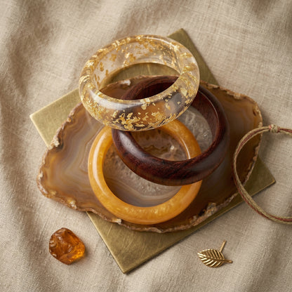 Gold Glitter Resin, Sheesham Wood & Yellow Marble Resin Bangle Stack | Earthy Boho-Luxe Mixed-Material Bracelet Set of 3 for Women