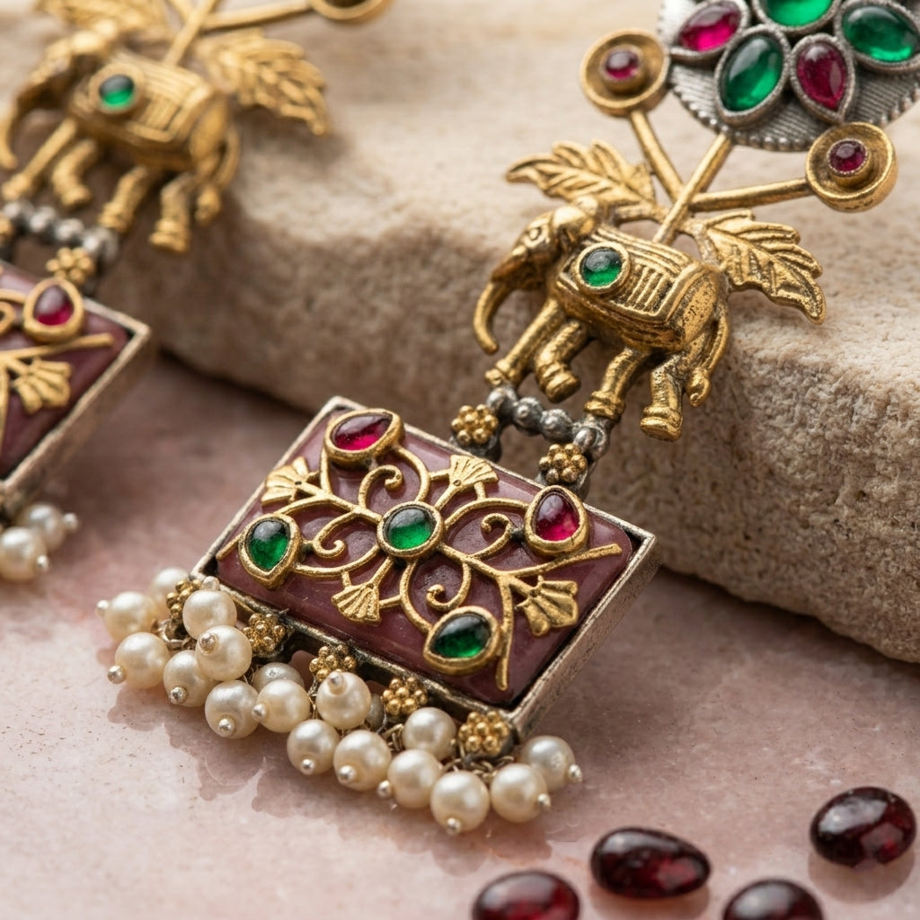Dual Tone Gold Silver Dangler Earrings with Natural Glass Stones