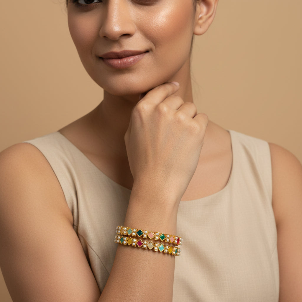 Gold Plated Alloy Bangle Set of 4 with Multicolour Square Stones & Seed Pearls | Navratna-Inspired Traditional Indian Bangles for Women