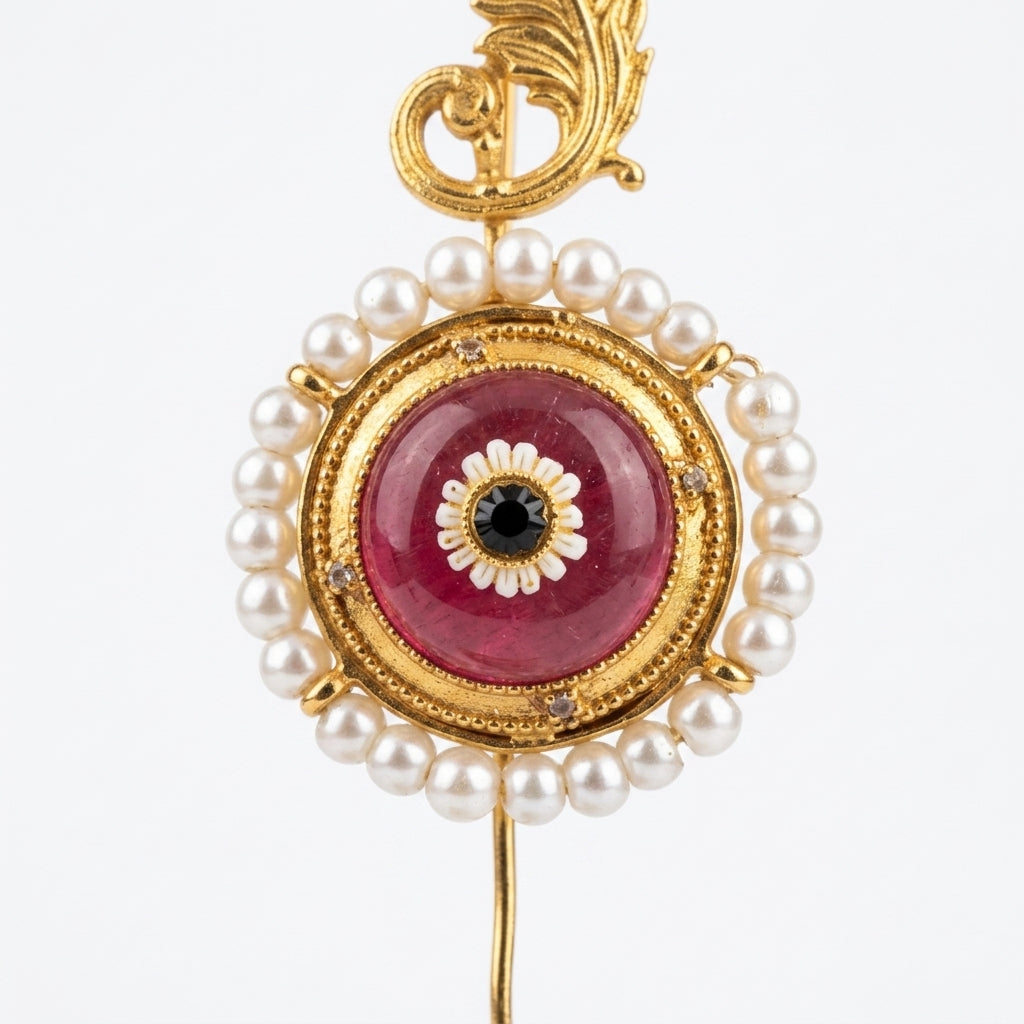 Gold Plated Needle Earcuff with Glass Stone & Pearl Detailing – Statement Brass Ear Cuff for Women
