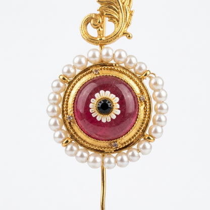 Gold Plated Needle Earcuff with Glass Stone & Pearl Detailing – Statement Brass Ear Cuff for Women