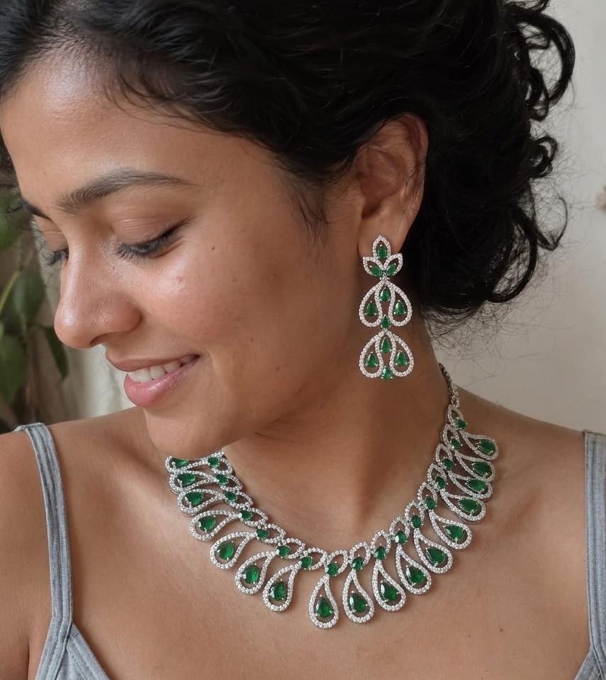 Green AAA American Diamond Statement Necklace & Earrings Set | Brass Rhodium Plated | Feather Swirl Collar | Bridal Wedding Jewellery