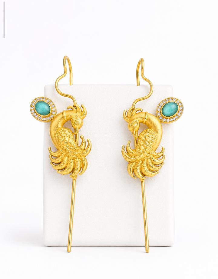 Gold Plated Peacock Needle Earcuff with Glass Stone – Designer Brass Ear Cuff for Women