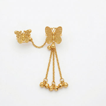 Gold Plated Butterfly Double Finger Ring with Ghungroo Chain Tassels | Brass Statement Ring for Women