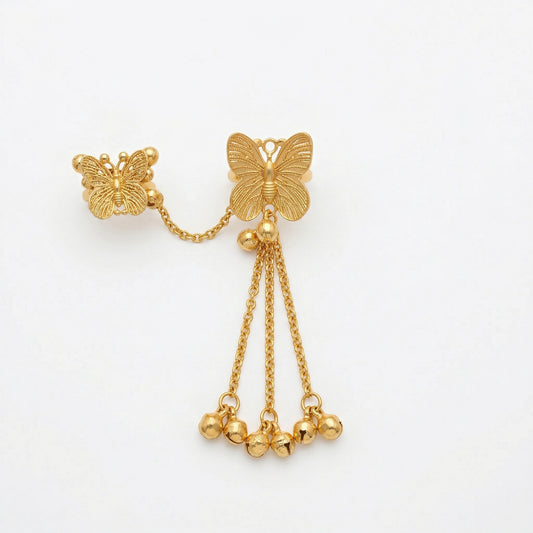 Gold Plated Butterfly Double Finger Ring with Ghungroo Chain Tassels | Brass Statement Ring for Women
