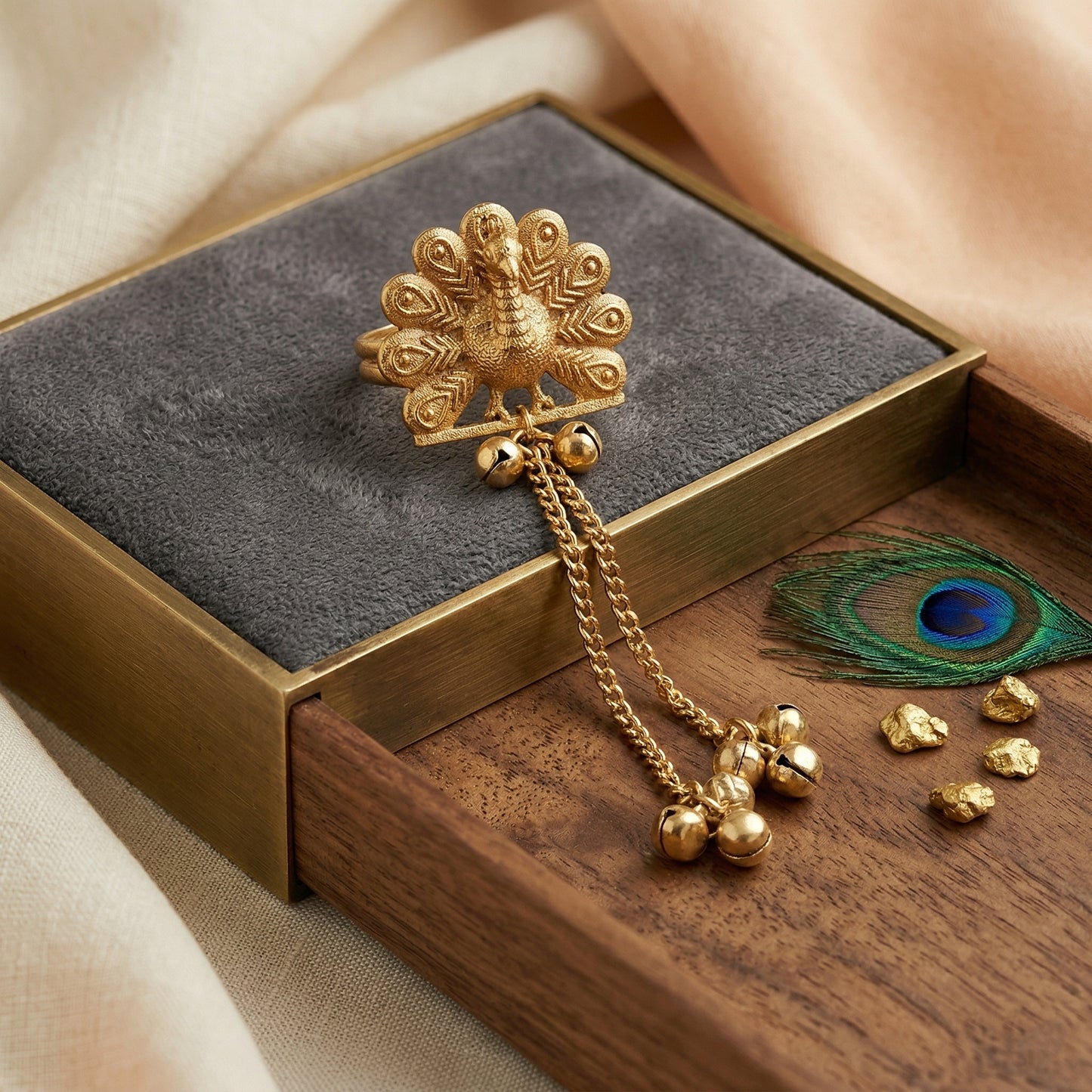 Gold Plated Brass Peacock Ring with Dangling Ghungroo Chains | Traditional Indian Statement Ring for Women
