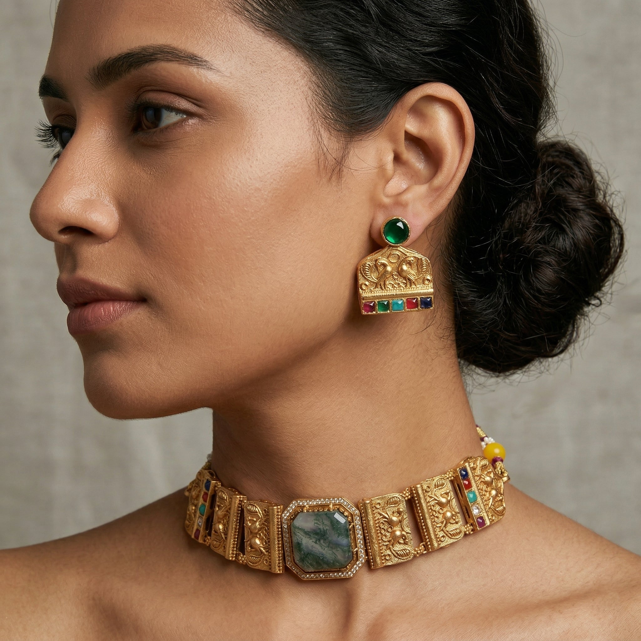 Gold Plated Brass Choker Necklace Set with Natural Russian Stone & Multicolour Semi-Precious Stones | Mughal-Inspired Heritage Jewellery Set for Women
