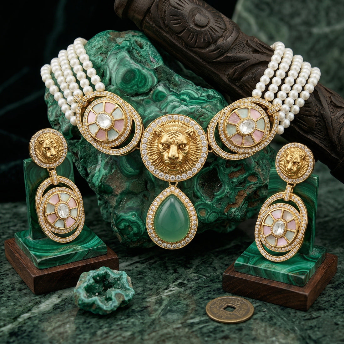 Royal Crest Pearl & American Diamond Necklace Set (Rhodium Plated)